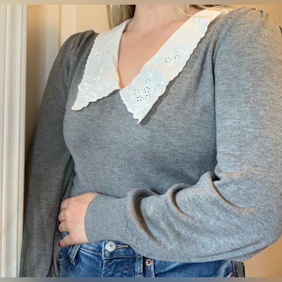 Cute Feminine Gray Floral Ruffle Collared Sweater - Picture 2 of 6